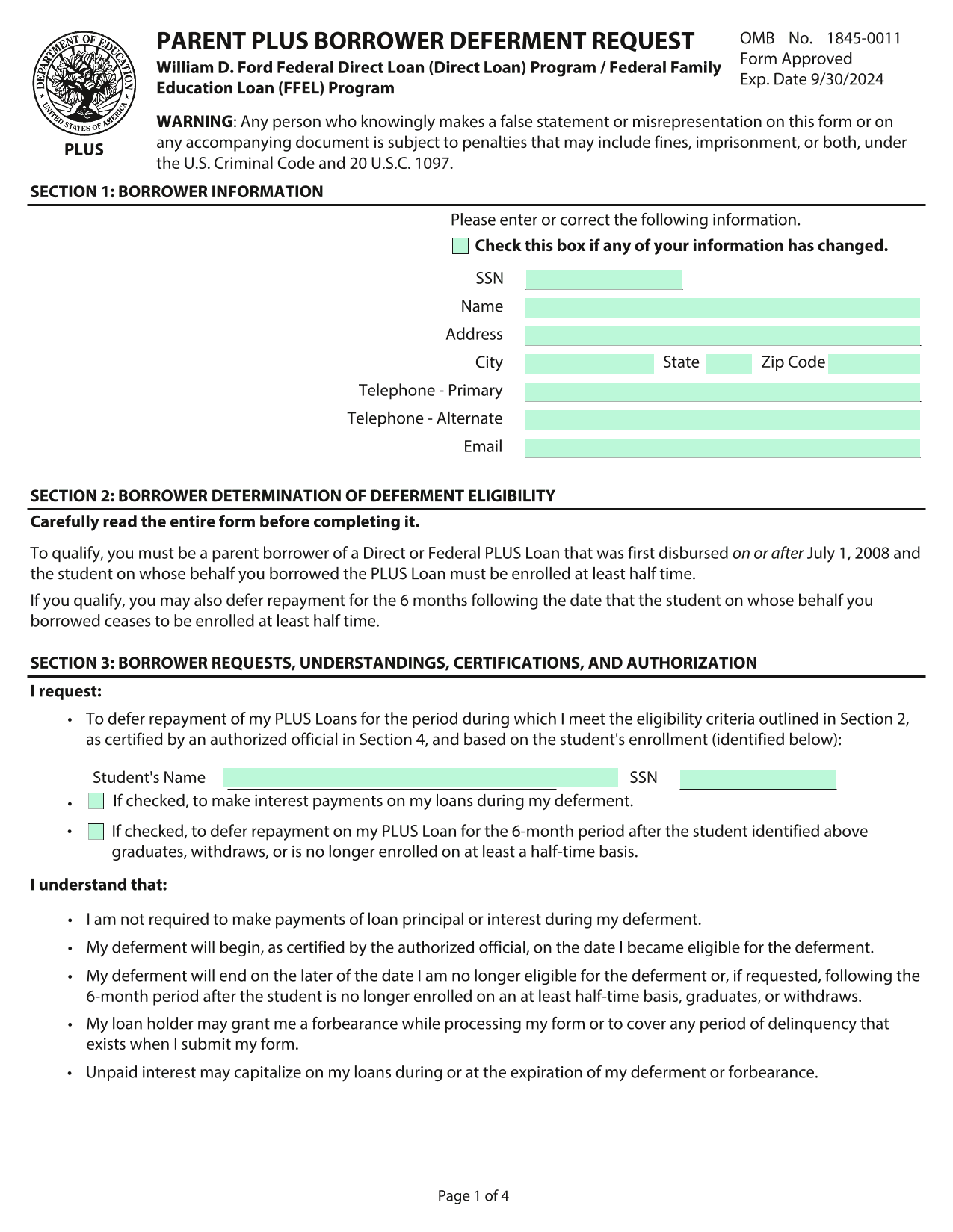 PLUS Loan Deferment Application screenshot